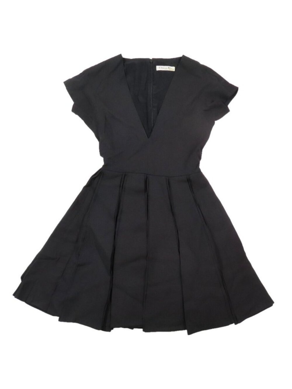 Dior Dress Pleats Short Length French Sleeve V-neck Black 36